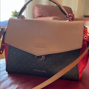 Michael Kors Red and Tan Satchel, grain leather, adjustable strap, beautiful bag